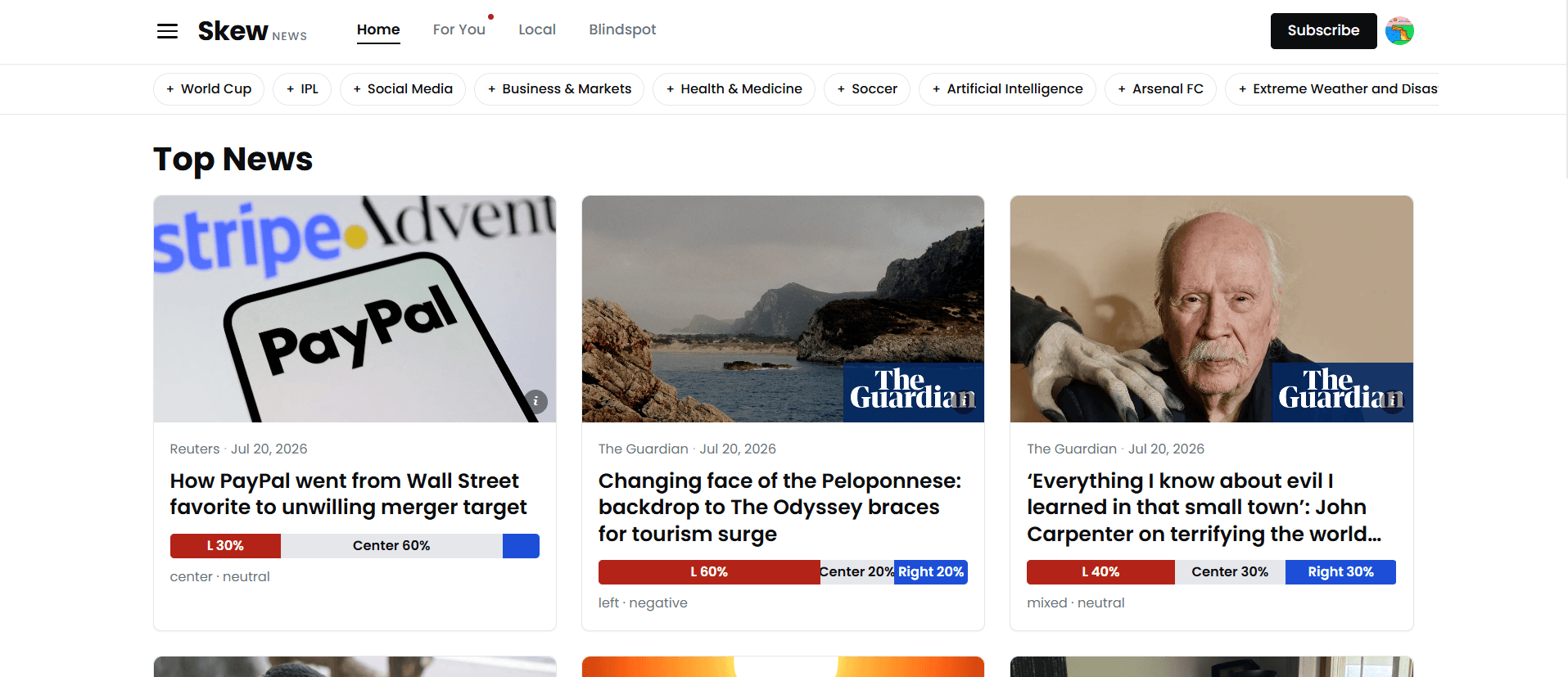Browse stories with bias indicators.